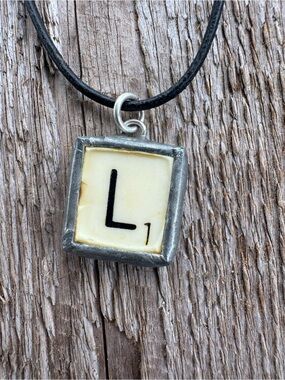 Initial 'L' Tile Pendant Necklace in Cream and Black